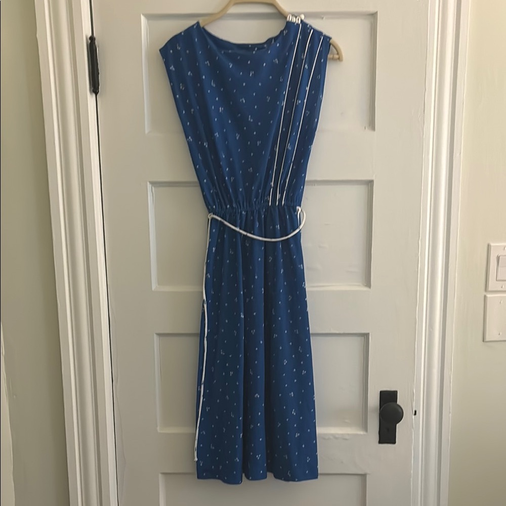 Blue Sleeveless Dress with White Accents